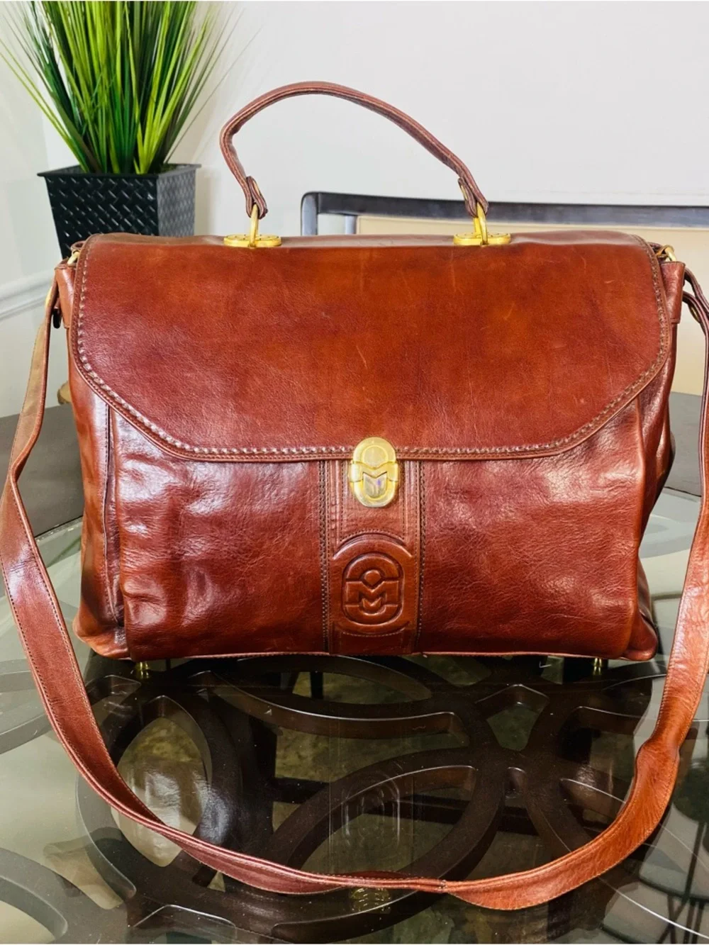 Vintage Marino Orlandi Brown Leather Satchel Bag - Made in Italy - Gold Hardware